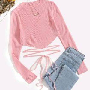Ribbed Knit Crisscross Tied Sweater